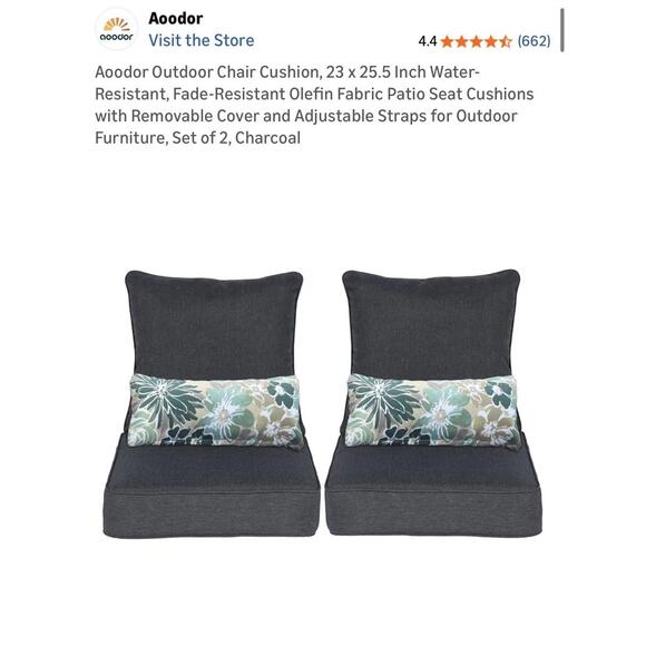 Other - Aoodor Outdoor Chair Cushion, 23 x 25.5 Inch, Set of 2, Charcoal